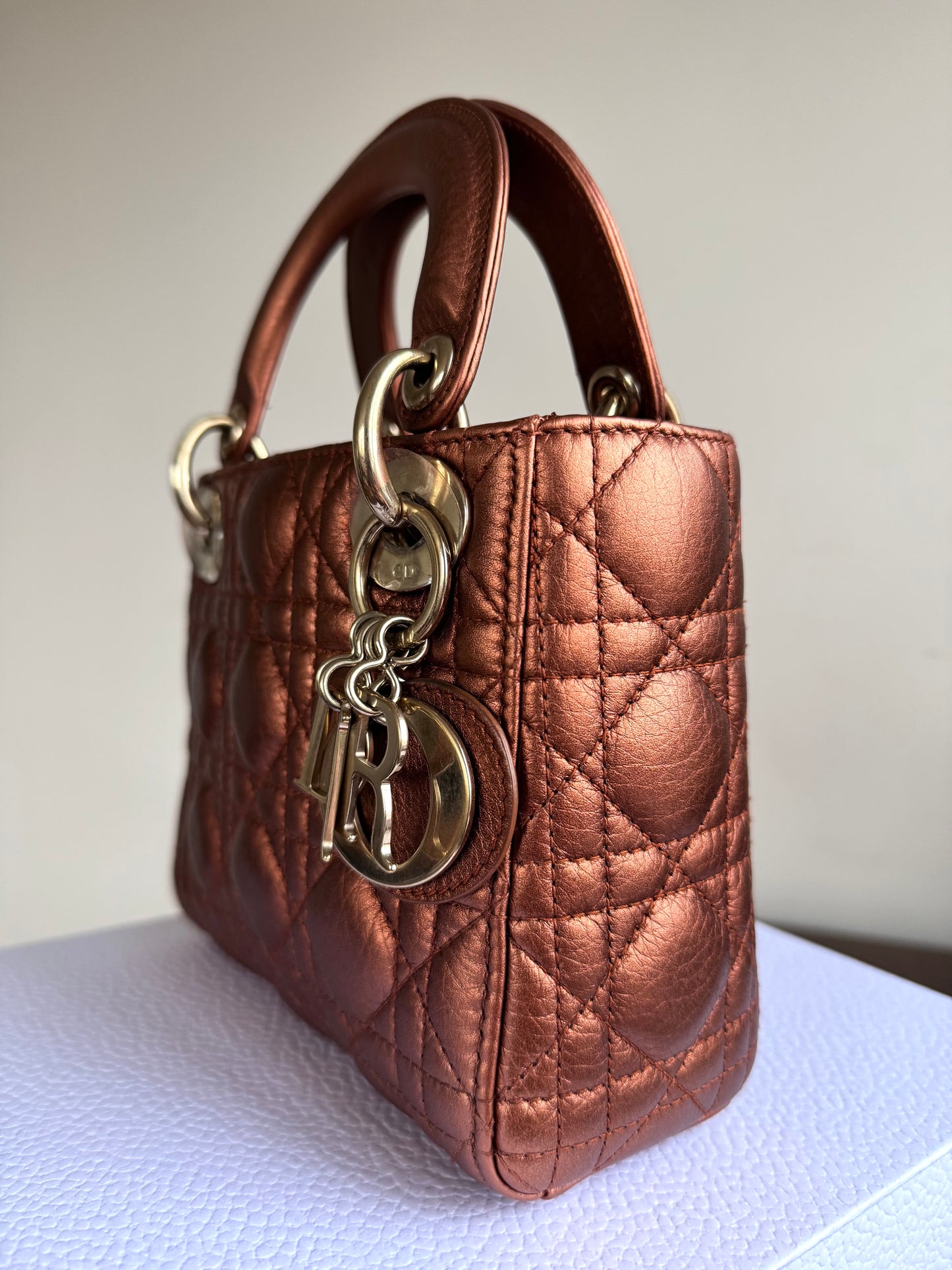 Pre-owned Dior Lady Dior Mini Bronze Lambskin Cannage Bag