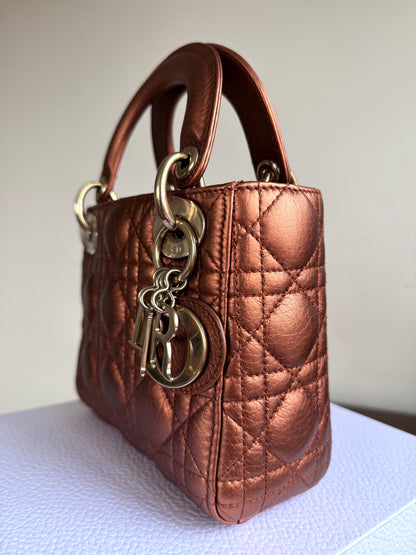 Pre-owned Dior Lady Dior Mini Bronze Lambskin Cannage Bag
