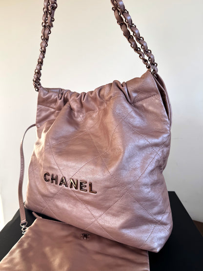 Pre-owned Chanel 22 Small Rose Gold Leather Tote Bag Limited Color