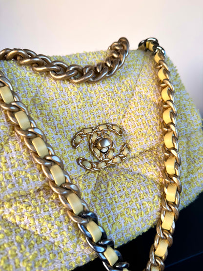 Pre-owned Chanel 19 Small Yellow Tweed Flap Bag