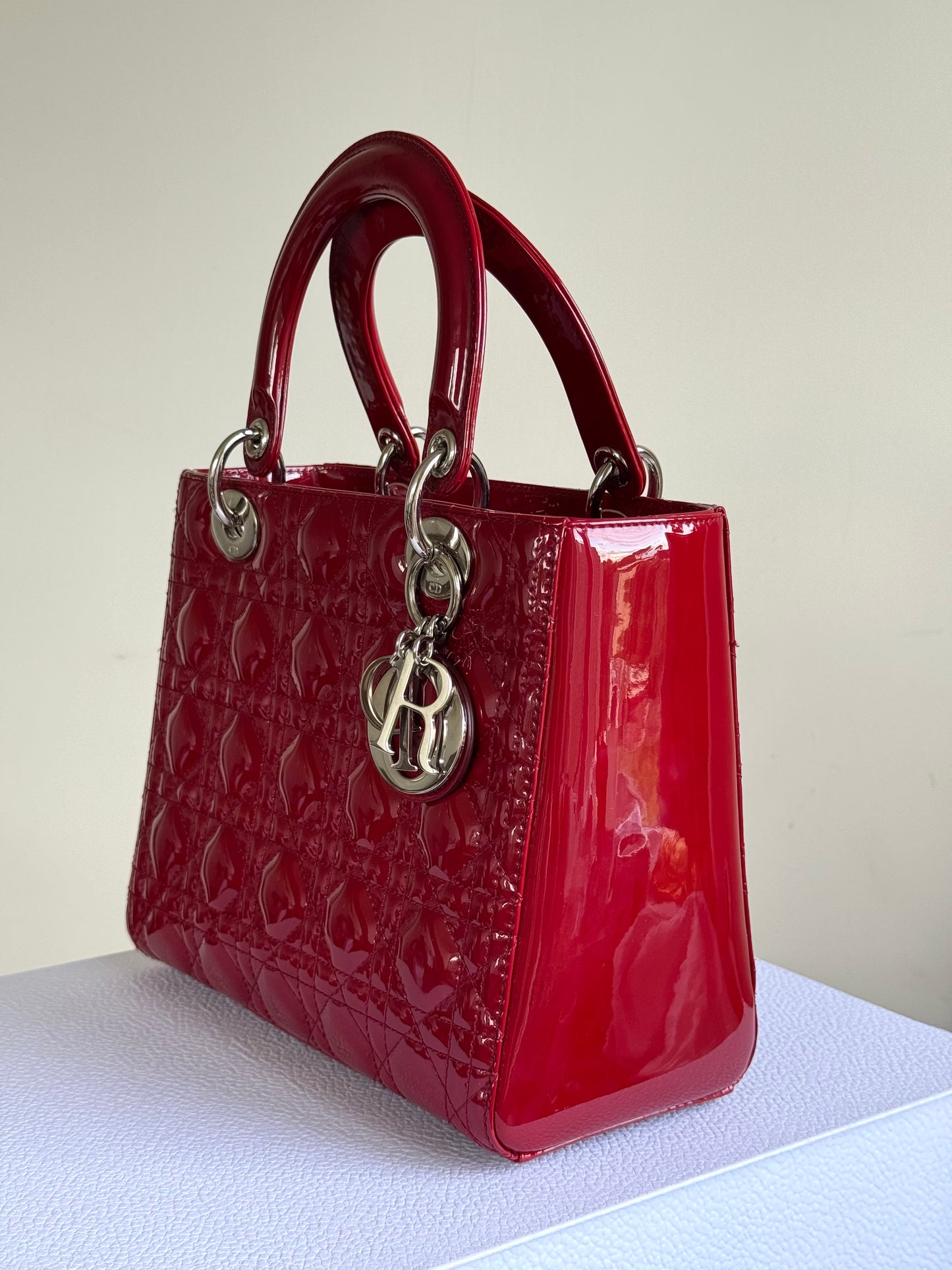 Pre-owned Dior Lady Dior Medium Burgundy Patent Leather Bag