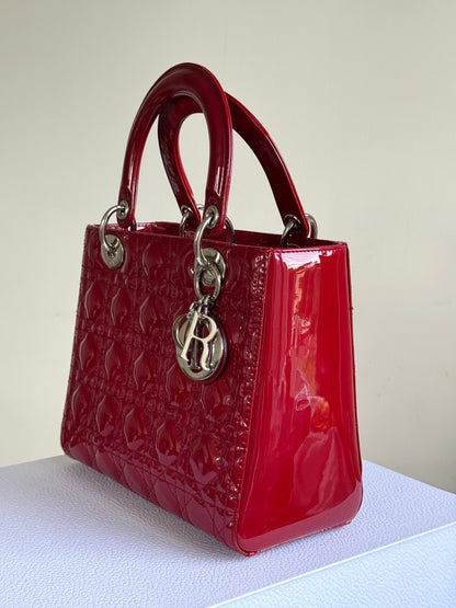 Pre-owned Dior Lady Dior Medium Burgundy Patent Leather Bag