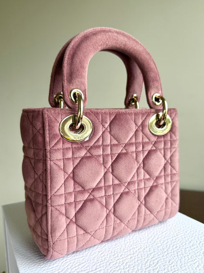 Pre-owned Dior Lady Dior Mini Crystal Dusty Rose Velvet Bag Limited Edition