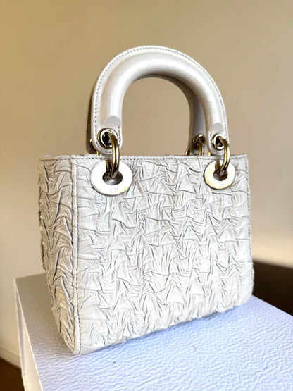 Pre-owned Dior Lady Dior Mini Off-White Eggshell Wrinkled Leather Bag