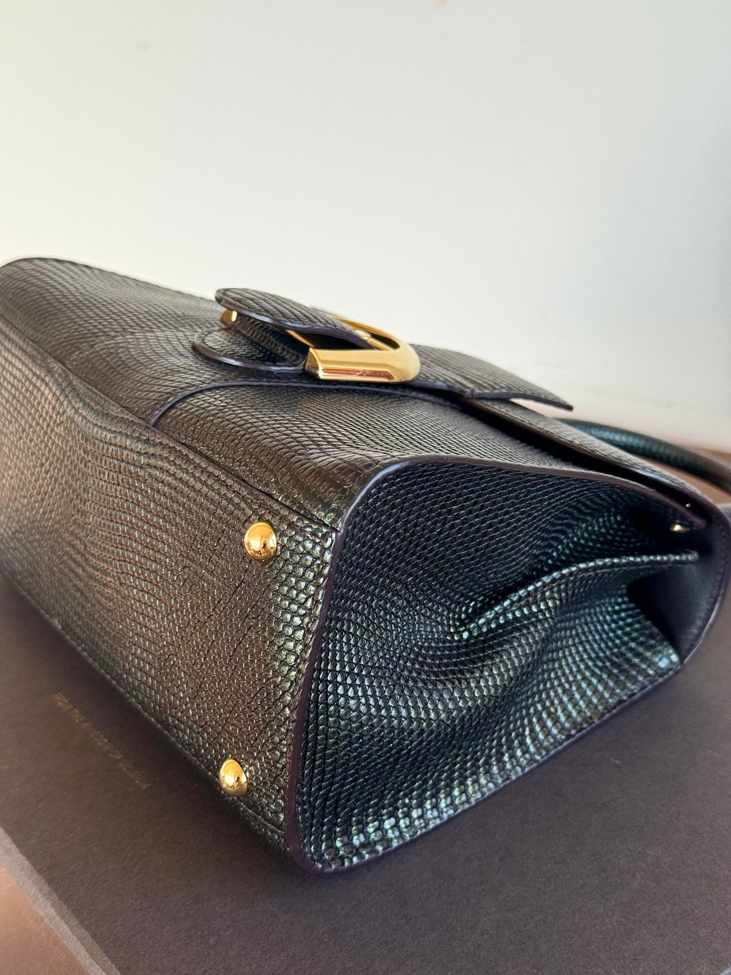 Pre-owned Delvaux Brillant Mini Metallic Dark Green Lizard Bag