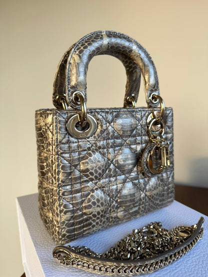Pre-owned Dior Lady Dior Mini Metallic Grey Beige Python Bag