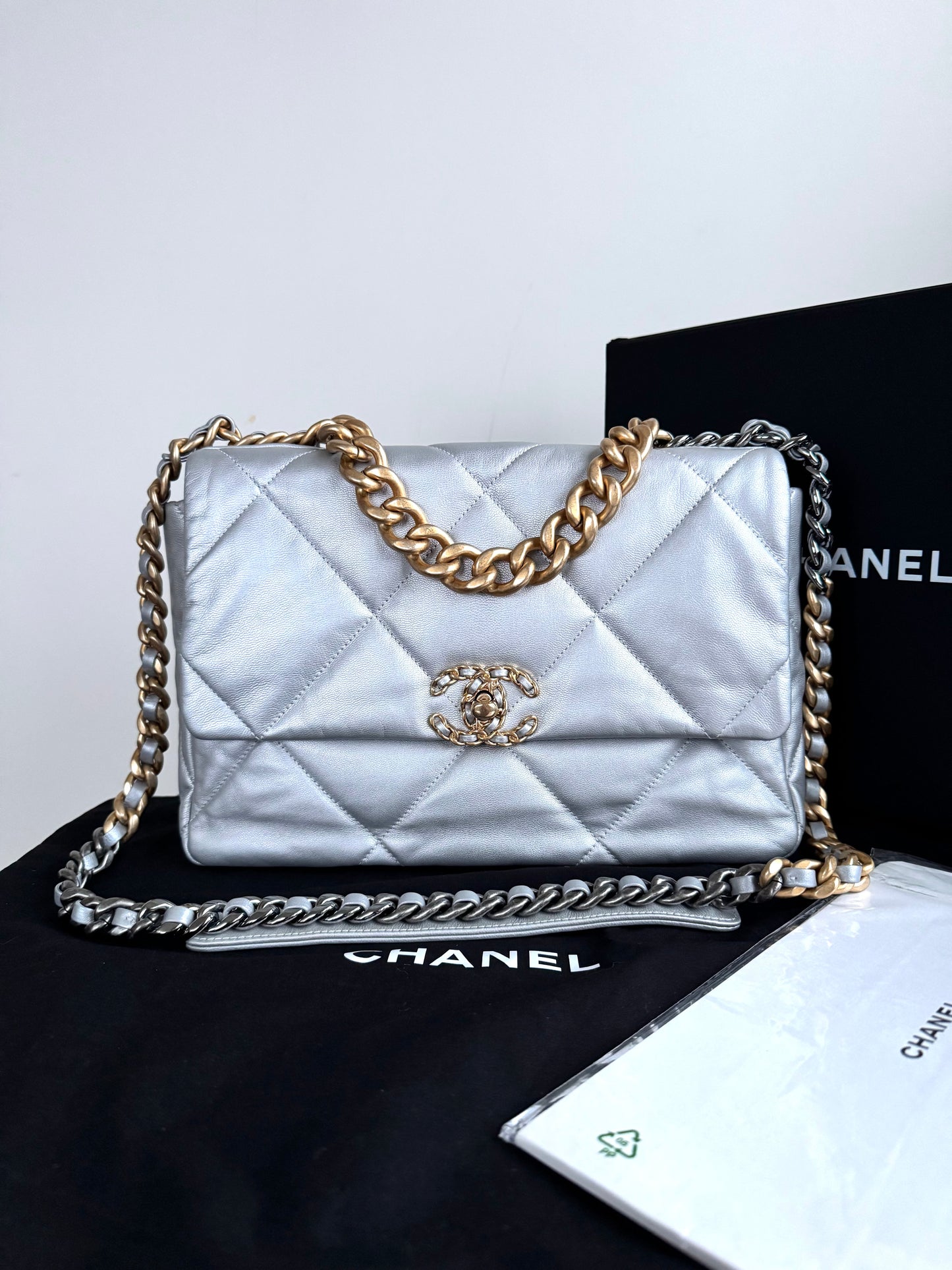 Pre-owned Chanel 19 Large Silver Lambskin Flap Bag
