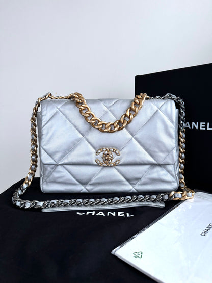 Pre-owned Chanel 19 Large Silver Lambskin Flap Bag