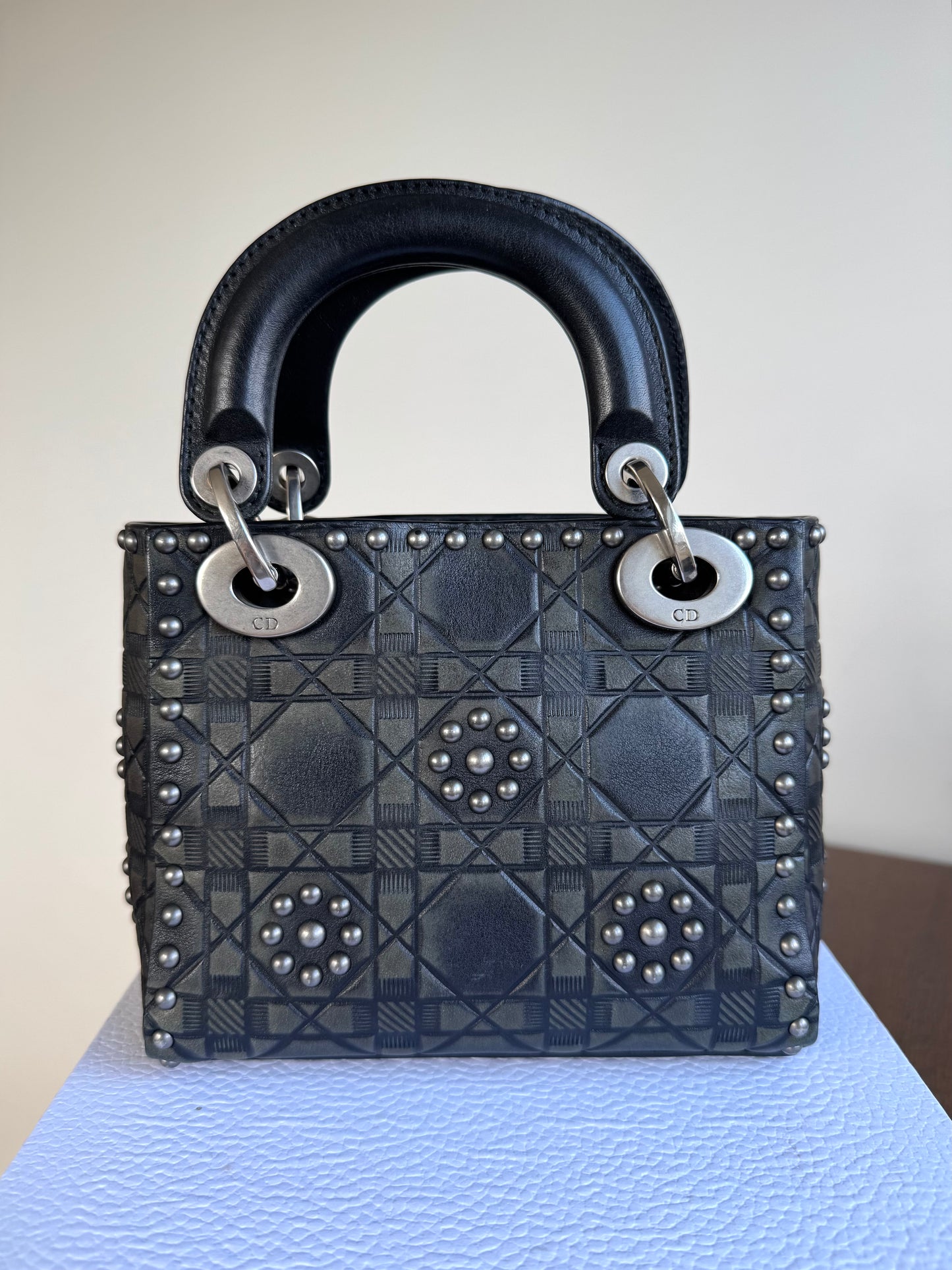 Pre-owned Dior Lady Dior Mini Studded Blacked Aged Calfskin Bag Limited Edition