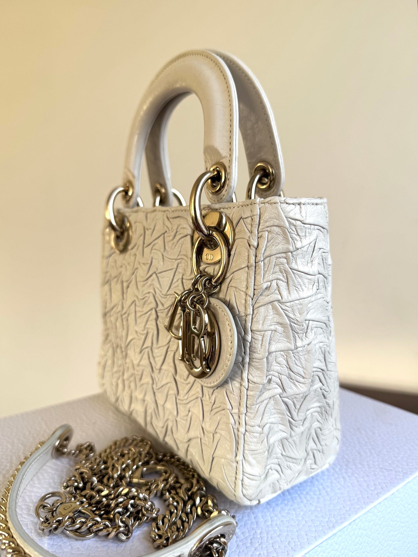 Pre-owned Dior Lady Dior Mini Off-White Eggshell Wrinkled Leather Bag