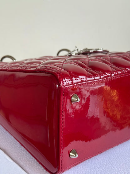 Pre-owned Dior Lady Dior Medium Burgundy Patent Leather Bag