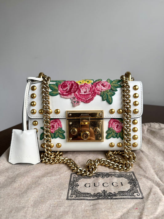 Pre-owned Gucci Padlock Small White Floral Embroidered Studded Leather Bag
