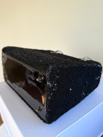 Pre-owned Dior Lady Dior Medium Black Sequin Patent Leather Bag