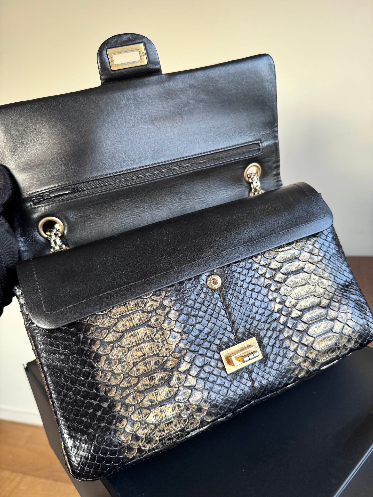 Pre-owned Chanel 2.55 Reissue Large 226 Black Gold Python Flap Bag