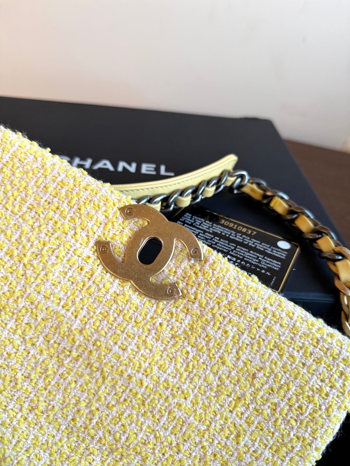 Pre-owned Chanel 19 Small Yellow Tweed Flap Bag