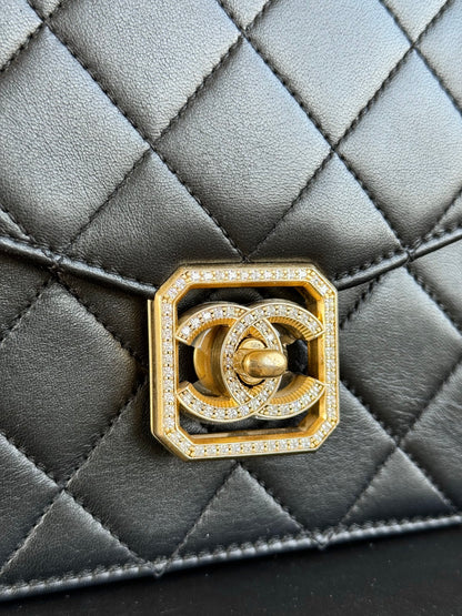 Pre-owned Chanel CC Crystal Geometric Black Lambskin Flap Bag