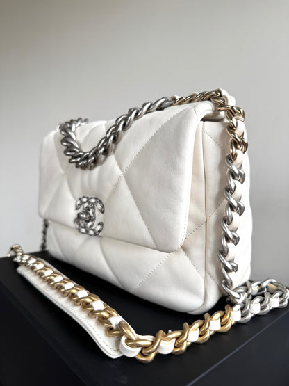 Pre-owned Chanel 19 Small Creamy White Lambskin Flap Bag