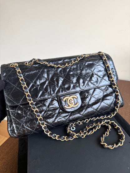 Pre-owned Chanel CC Black Waxed Leather Flap Bag