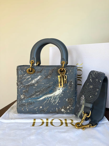 Pre-owned Dior Lady Dior Medium Grey Blue Embroidered Leather Bag