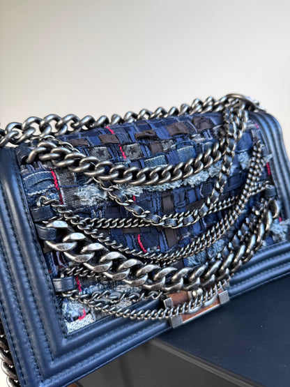 Pre-owned Chanel Boy Medium Blue Denim Tweed Leather Flap Bag