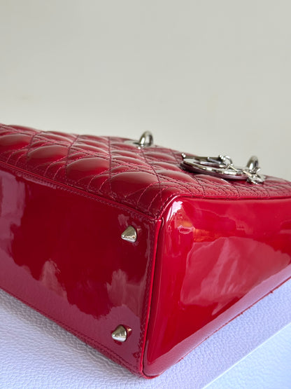 Pre-owned Dior Lady Dior Medium Burgundy Patent Leather Bag