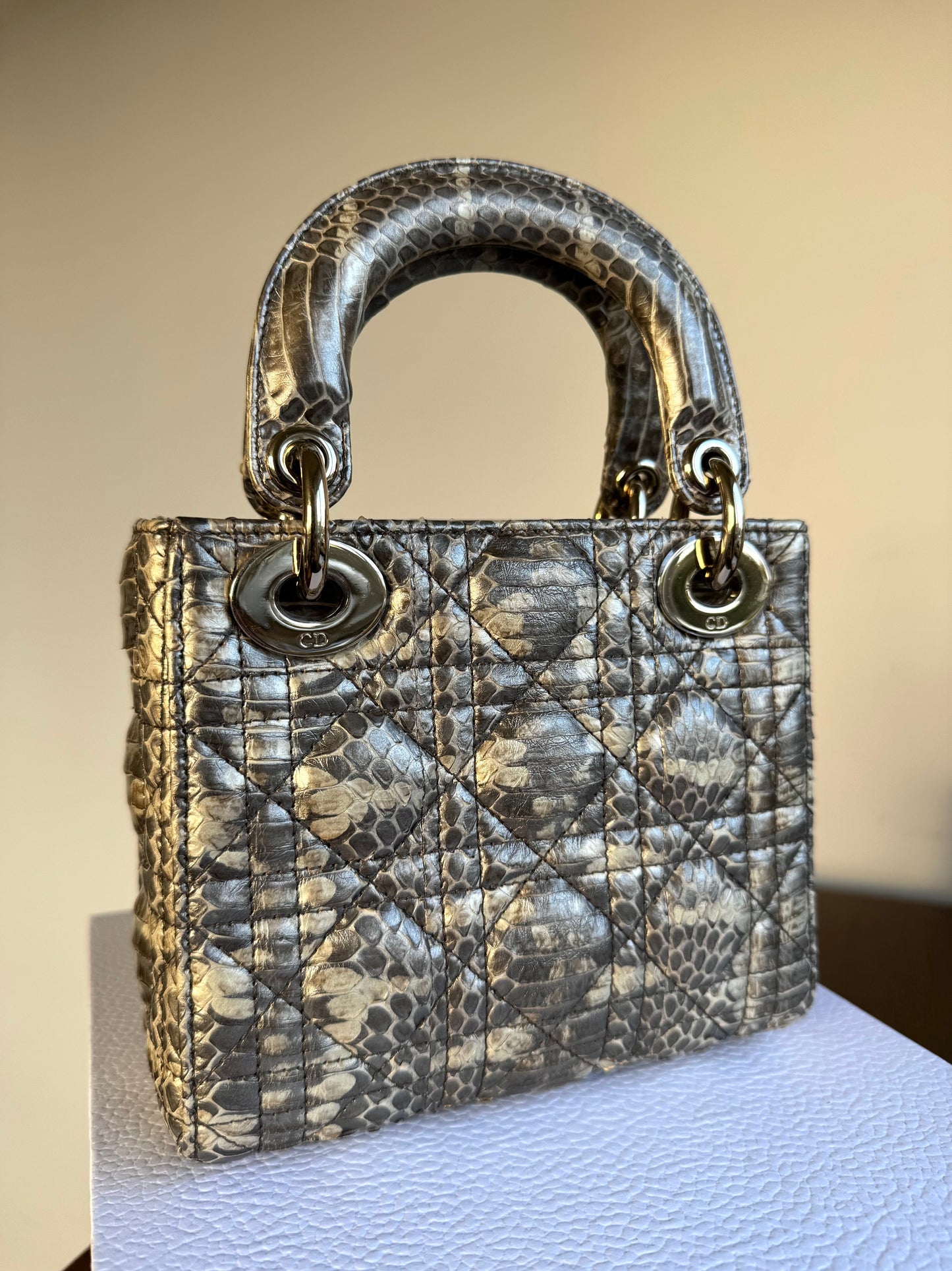 Pre-owned Dior Lady Dior Mini Metallic Grey Beige Python Bag