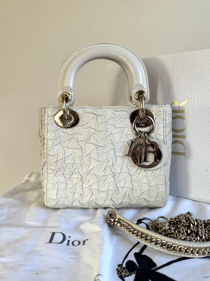 Pre-owned Dior Lady Dior Mini Off-White Eggshell Wrinkled Leather Bag
