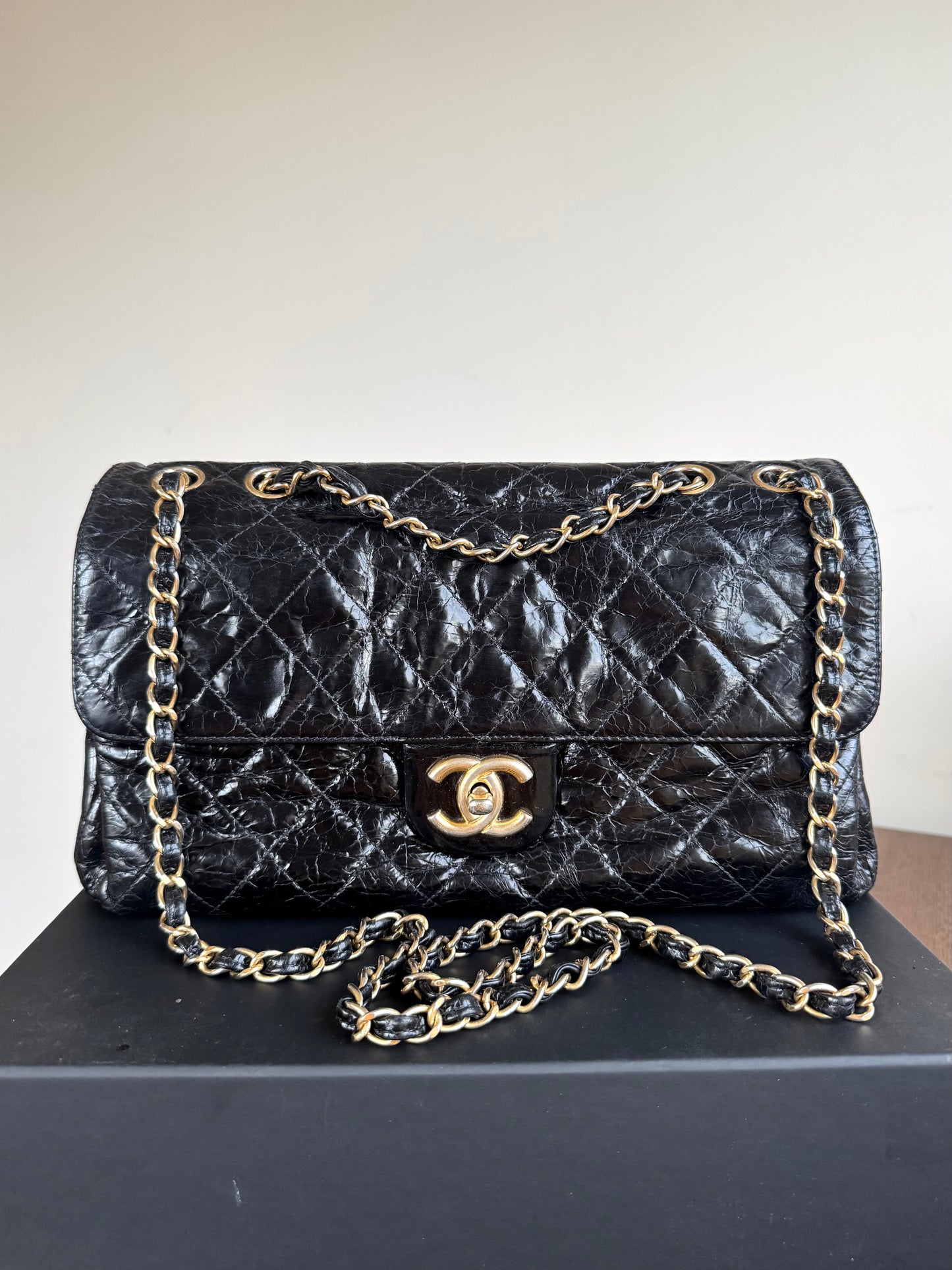 Pre-owned Chanel CC Black Waxed Leather Flap Bag
