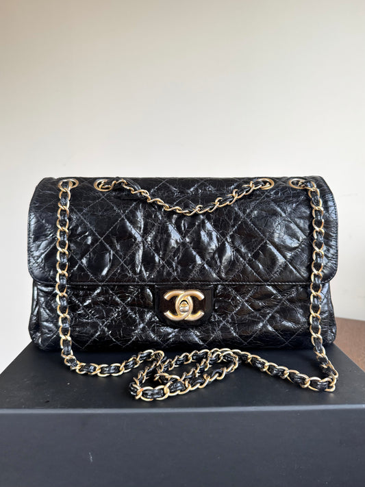 Pre-owned Chanel CC Black Waxed Leather Flap Bag
