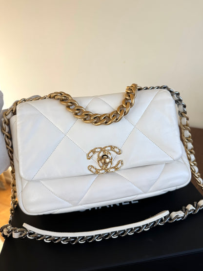 Pre-owned Chanel 19 Small White Lambskin Flap Bag