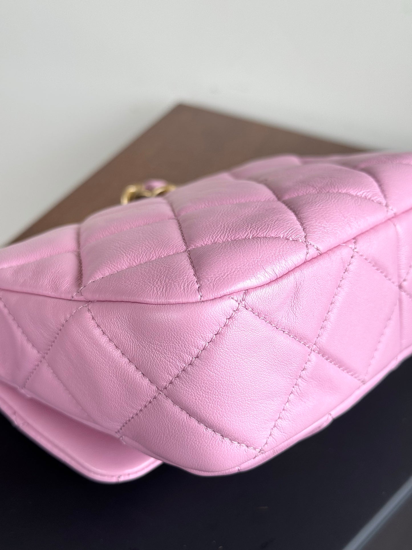 Pre-owned Chanel Matelasse Mini Pink Lambskin Lacquered Chain Flap Bag