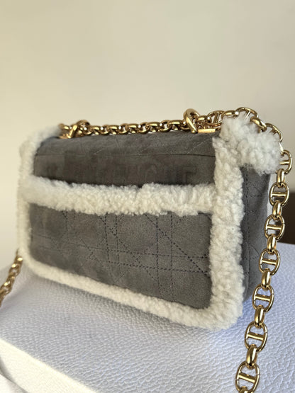 Pre-owned Dior Caro Small Grey Shearling Cannage Flap Bag