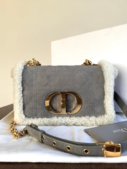 Pre-owned Dior Caro Small Grey Shearling Cannage Flap Bag