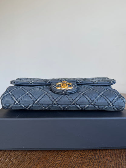 Pre-owned Chanel CC Stitch Quilted Blue Iridescent Leather Flap Bag