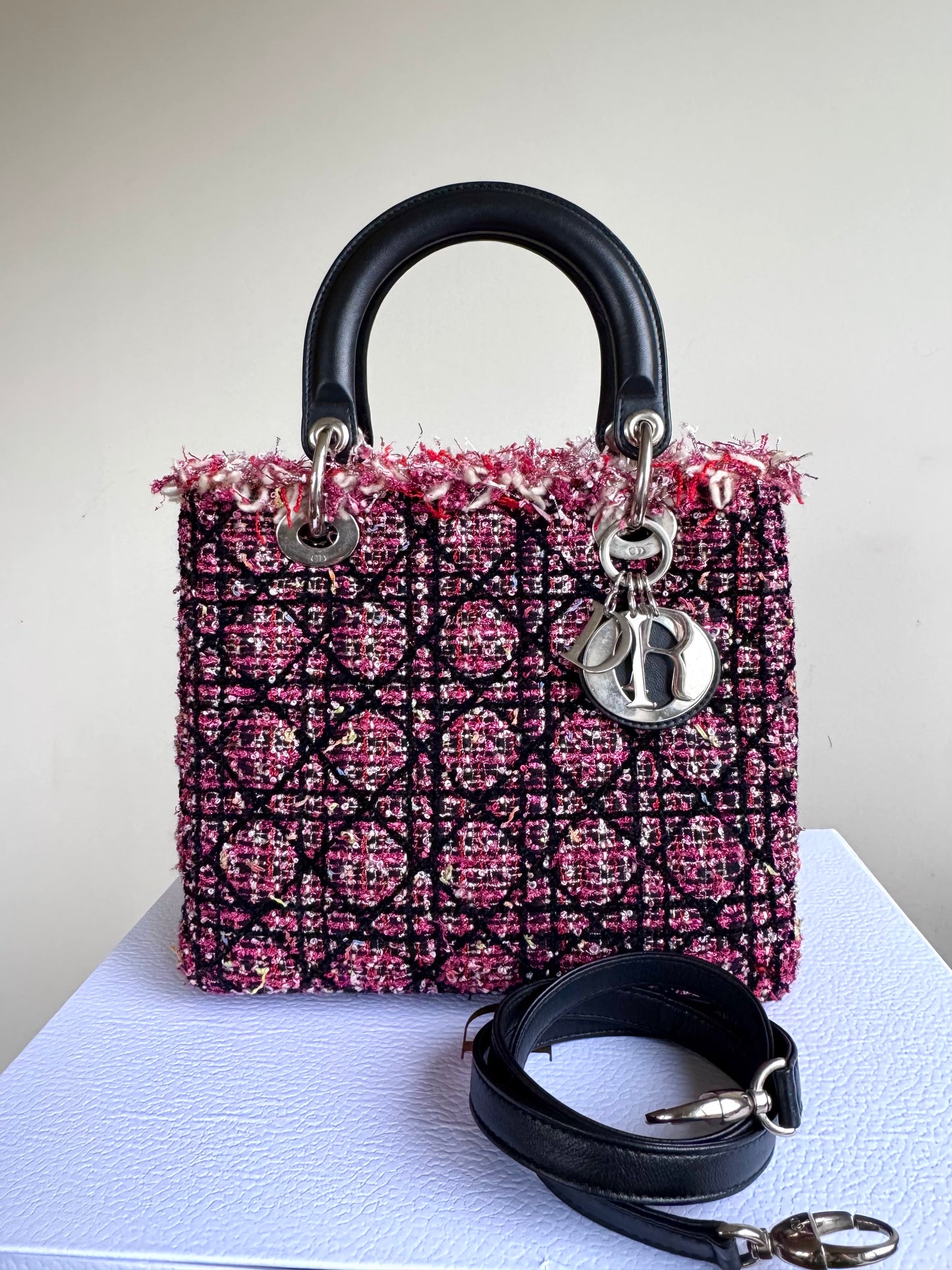 Pre-owned Dior Lady Dior Medium Black Pink Tweed Bag