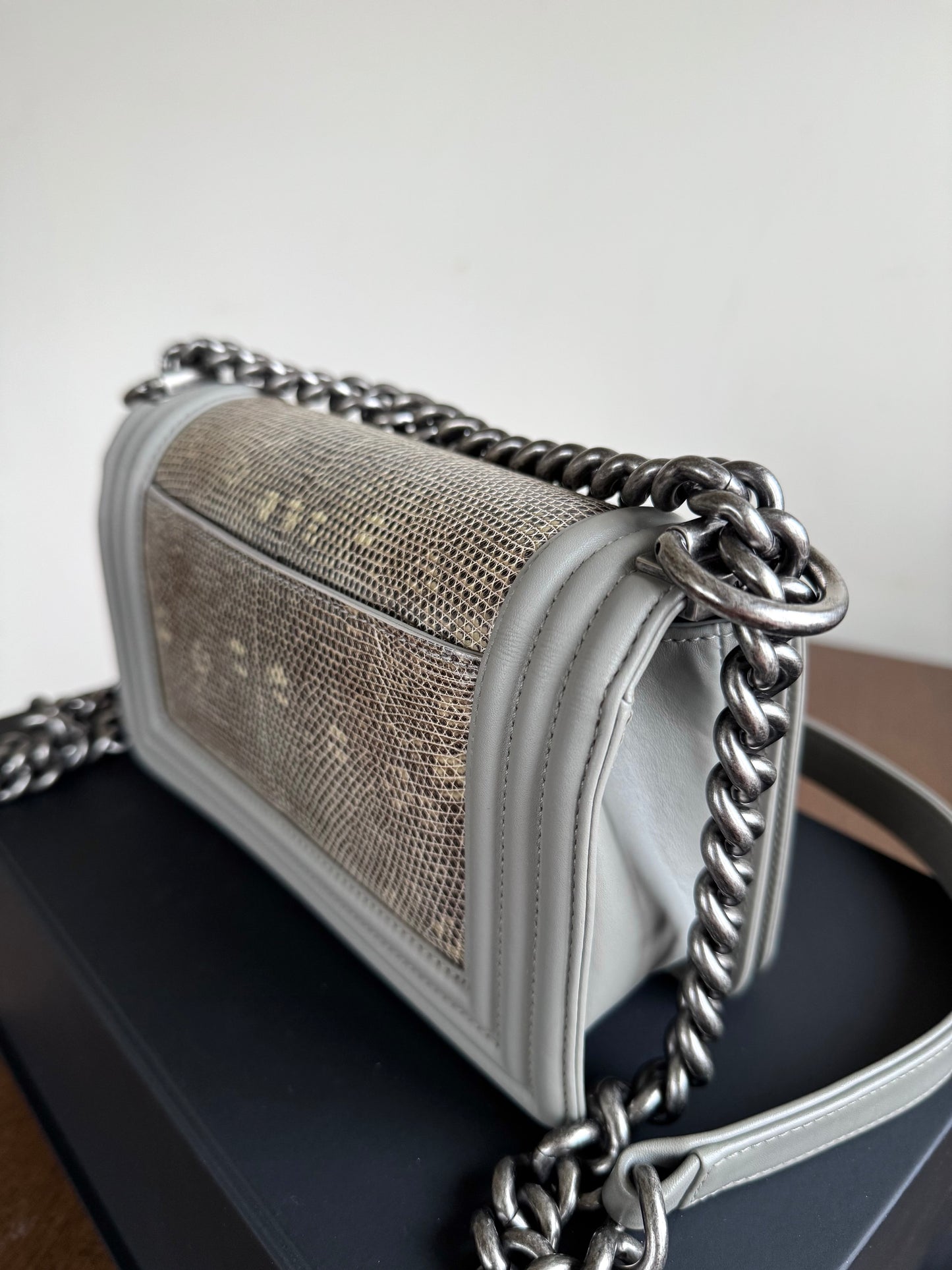 Pre-owned Chanel Boy Small Grey Lizard Leather Flap Bag