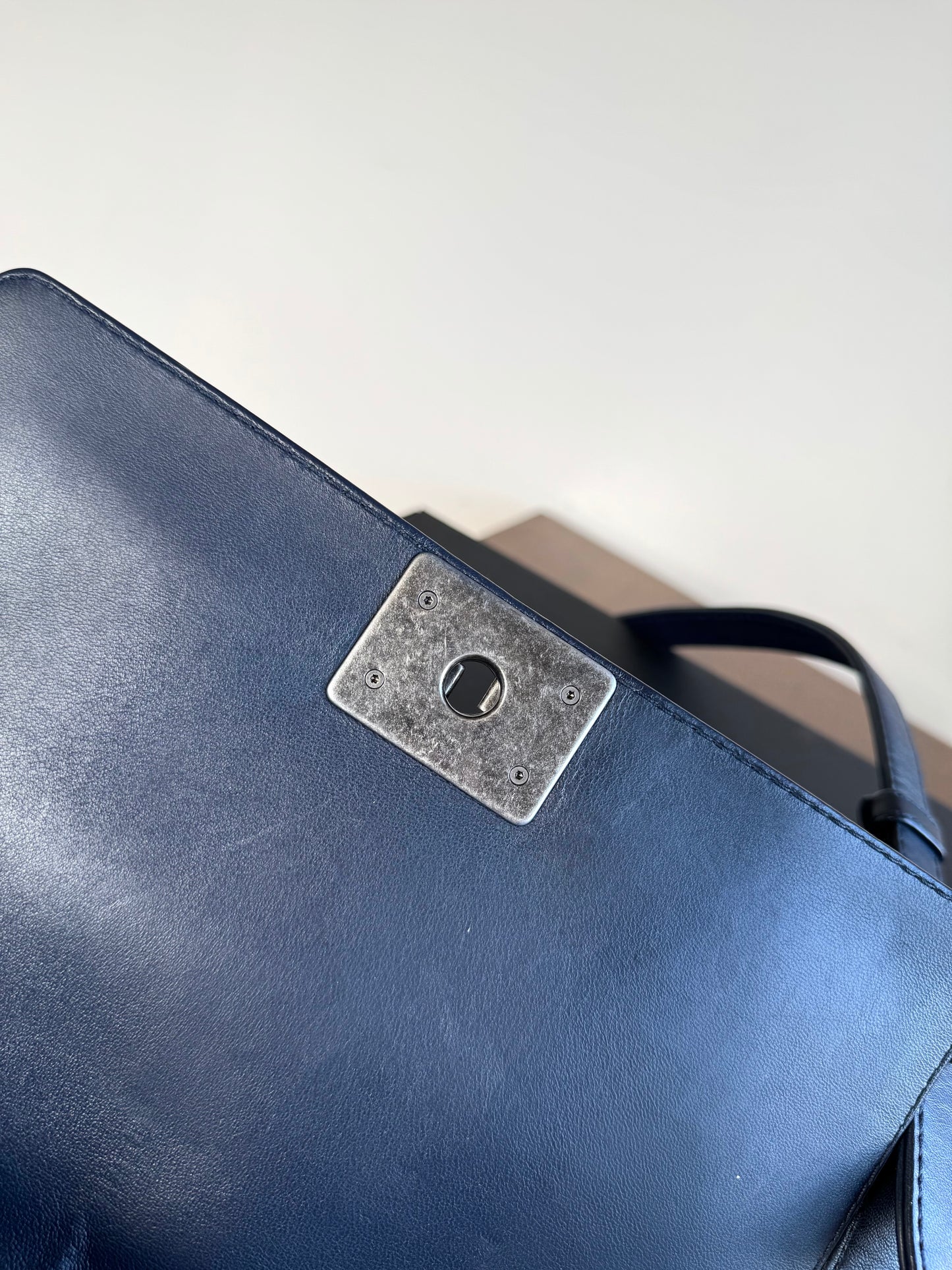 Pre-owned Chanel Boy Medium Blue Denim Tweed Leather Flap Bag