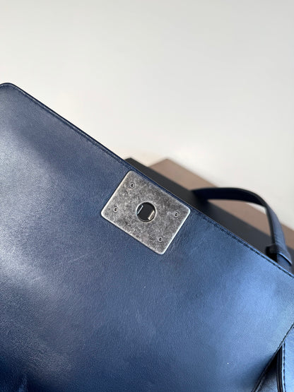 Pre-owned Chanel Boy Medium Blue Denim Tweed Leather Flap Bag