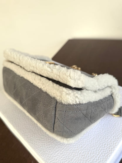 Pre-owned Dior Caro Small Grey Shearling Cannage Flap Bag