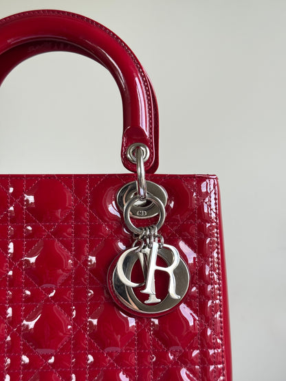 Pre-owned Dior Lady Dior Medium Burgundy Patent Leather Bag