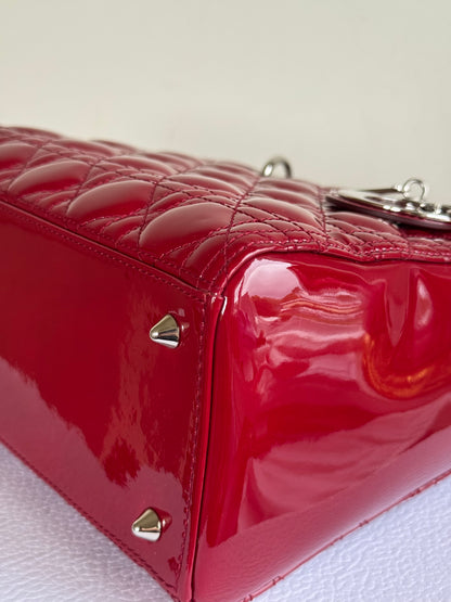 Pre-owned Dior Lady Dior Medium Burgundy Patent Leather Bag