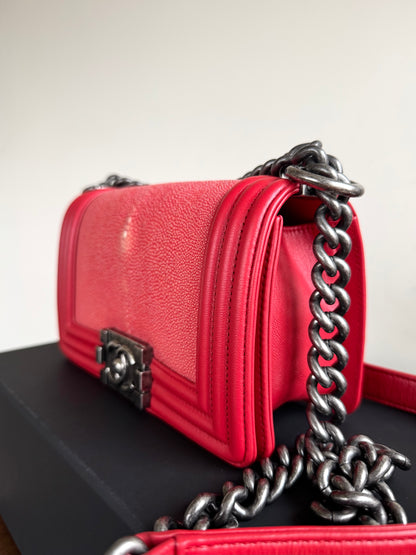 Pre-owned Chanel Boy Small Red Stingray Leather Flap Bag