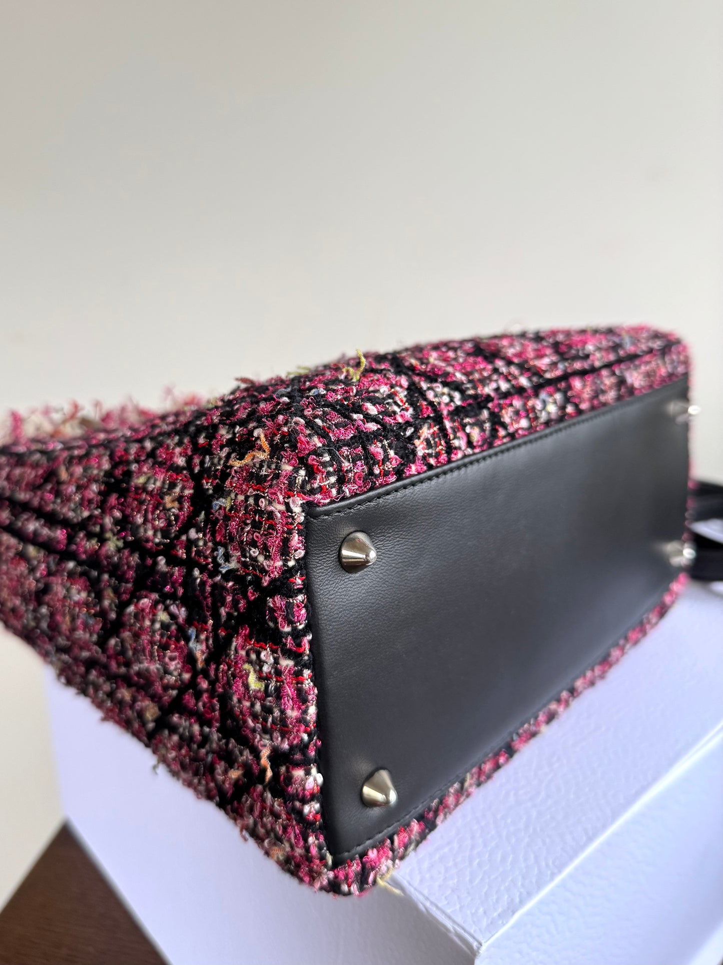 Pre-owned Dior Lady Dior Medium Black Pink Tweed Bag