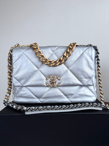 Pre-owned Chanel 19 Large Silver Lambskin Flap Bag