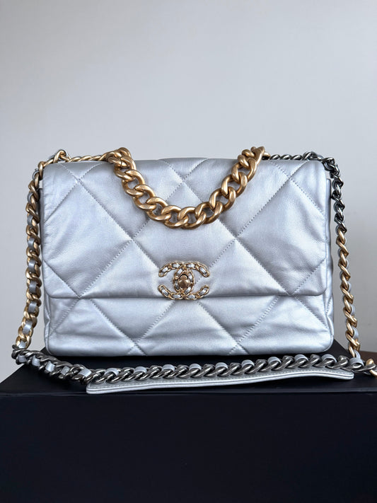 Pre-owned Chanel 19 Large Silver Lambskin Flap Bag