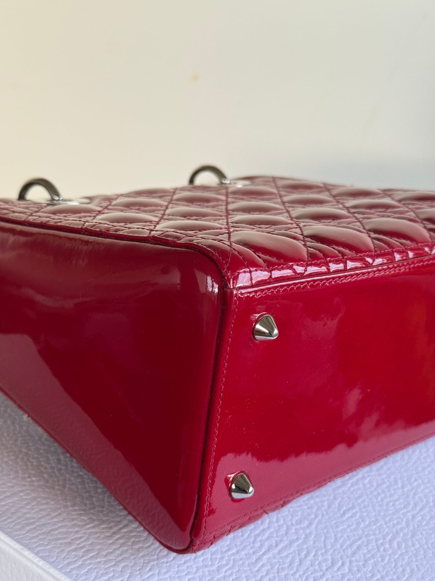 Pre-owned Dior Lady Dior Medium Burgundy Patent Leather Bag