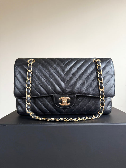 Pre-owned Chanel Timeless Classic Medium V-stitch Black Calfskin Flap Bag
