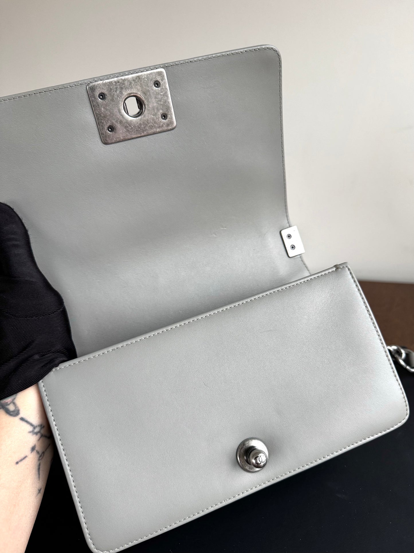 Pre-owned Chanel Boy Small Grey Lizard Leather Flap Bag