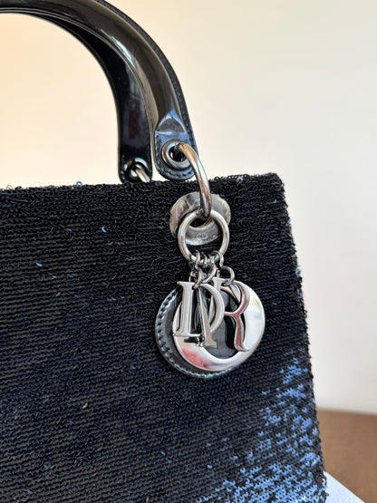 Pre-owned Dior Lady Dior Medium Black Sequin Patent Leather Bag
