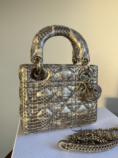 Pre-owned Dior Lady Dior Mini Metallic Grey Beige Python Bag
